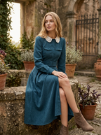 Elena Blue corduroy midi dress with Peter Pan collar, long sleeves, and A-line silhouette