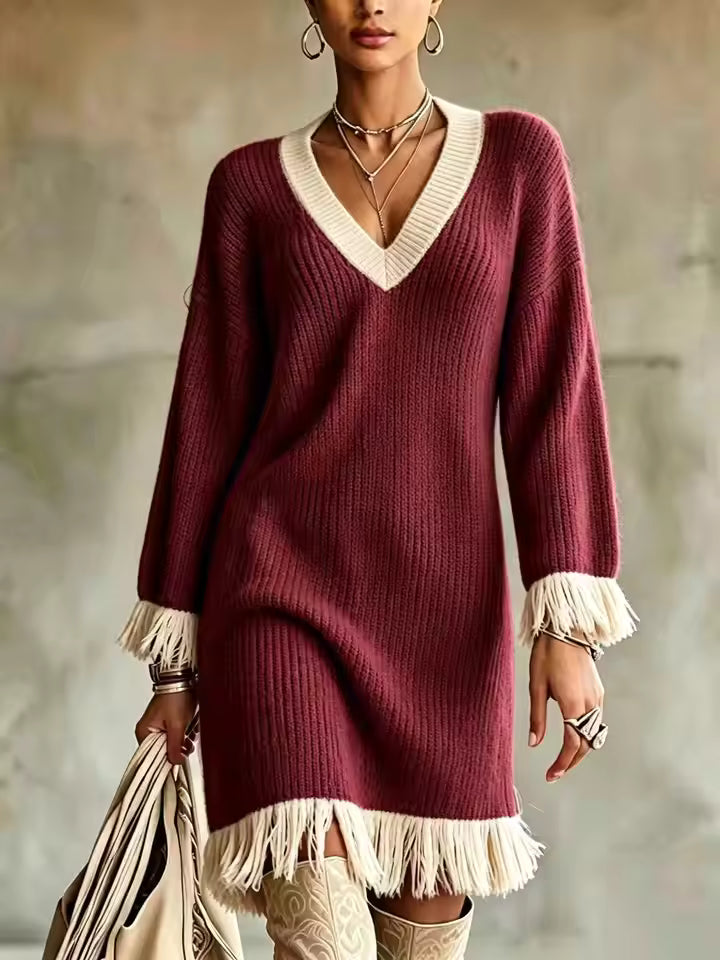 Elena Burgundy V-neck sweater dress with vertical ribbing, fringe cuffs, and relaxed fit