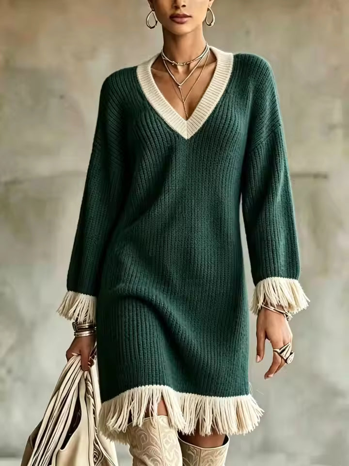 Elena Dark Green V-neck sweater dress with ribbed knit texture, long sleeves, and decorative fringe trim