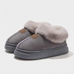 Elena Gray platform slippers with plush faux-fur trim, rounded toe, open-back construction, and textured sole