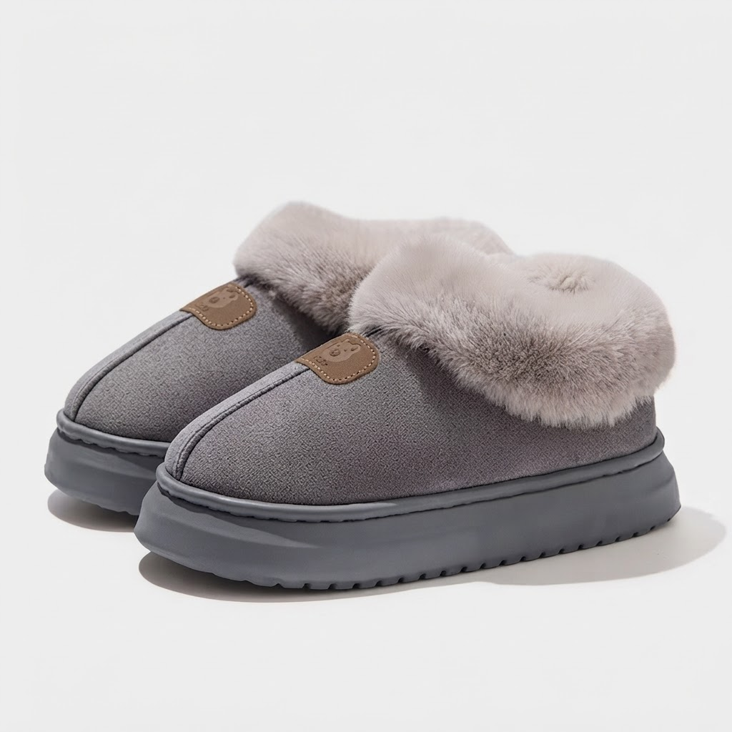 Elena Gray platform slippers with plush faux-fur trim, rounded toe, open-back construction, and textured sole