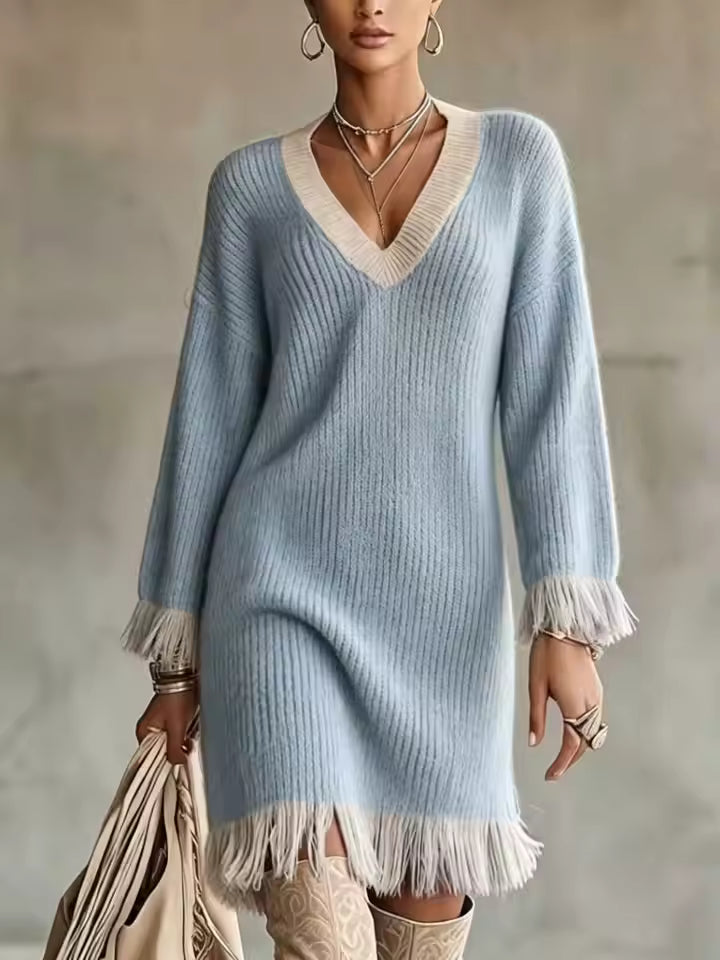 Elena Sky Blue V-neck sweater dress with vertical ribbing, long sleeves, and fringed hem
