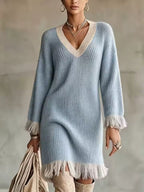 Elena Sky Blue V-neck sweater dress with vertical ribbing, long sleeves, and fringed hem