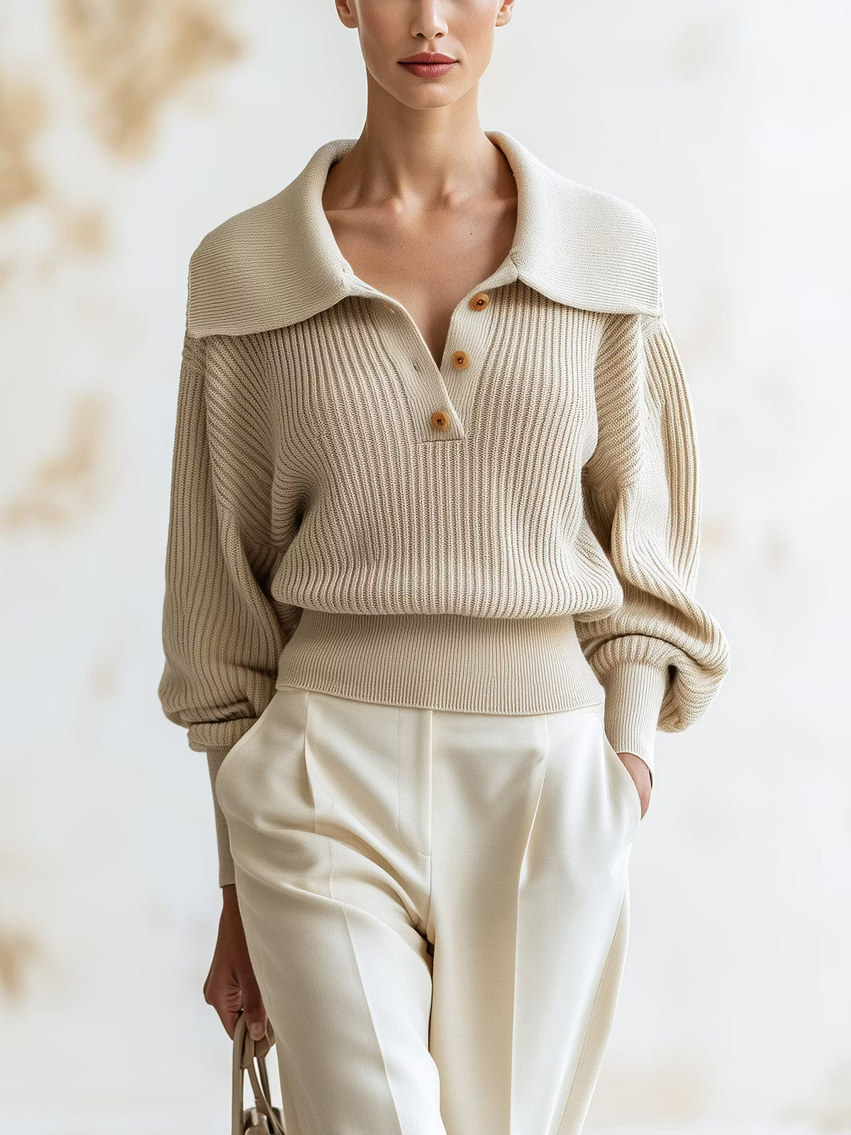 Elise Beige ribbed knit sweater with a wide spread collar and half-button placket, shown close up from the front with cream trousers.