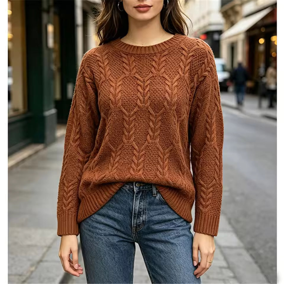 Elise Brown cable-knit sweater with textured pattern, ribbed cuffs, and relaxed fit