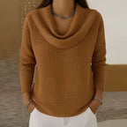 Elise Brown cowl-neck sweater featuring allover waffle-knit texture, relaxed fit, and long sleeves