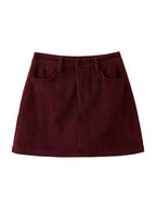 Elise Burgundy corduroy mini skirt with high waist and five-pocket design