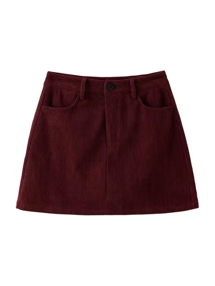 Elise Burgundy corduroy mini skirt with high waist and five-pocket design