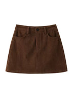 Elise Coffee corduroy mini skirt with high waist and five-pocket design