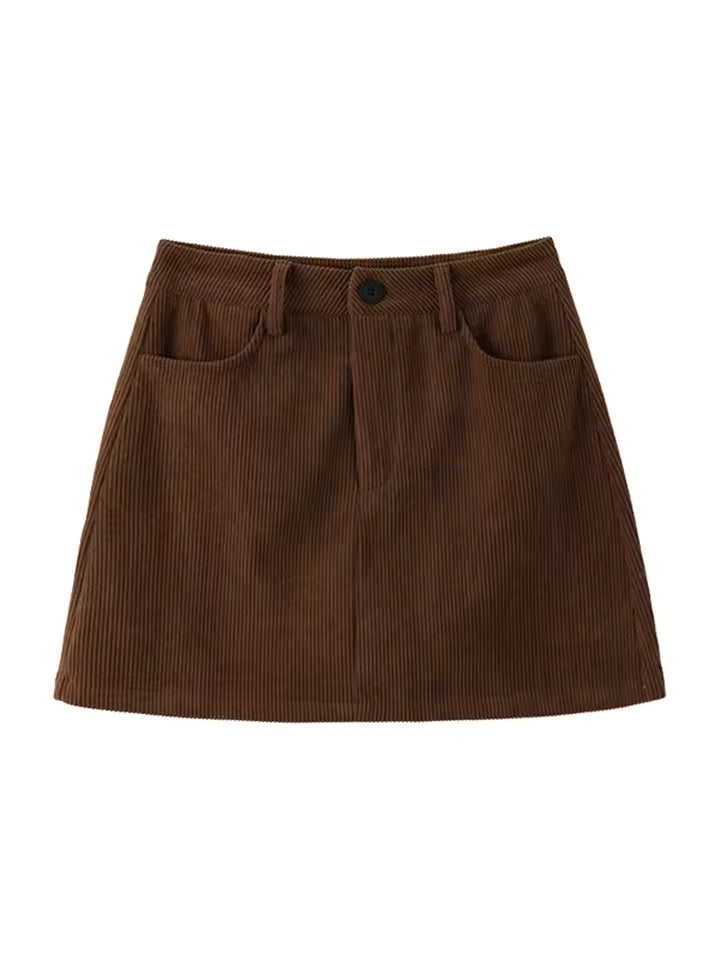 Elise Coffee corduroy mini skirt with high waist and five-pocket design