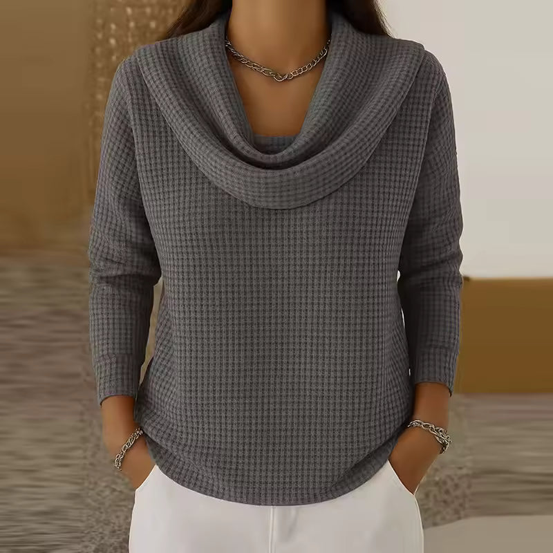 Elise Gray cowl-neck sweater featuring textured waffle knit, long sleeves, and a relaxed silhouette