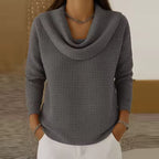 Elise Gray cowl-neck sweater featuring textured waffle knit, long sleeves, and a relaxed silhouette