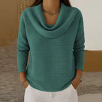 Elise Green waffle-knit sweater with a draped neckline, textured finish, long sleeves, and relaxed silhouette