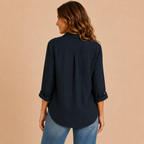 Back view of the Elise Lightweight Button-Front Blouse Boho in black. Designed by Bella Hudson.