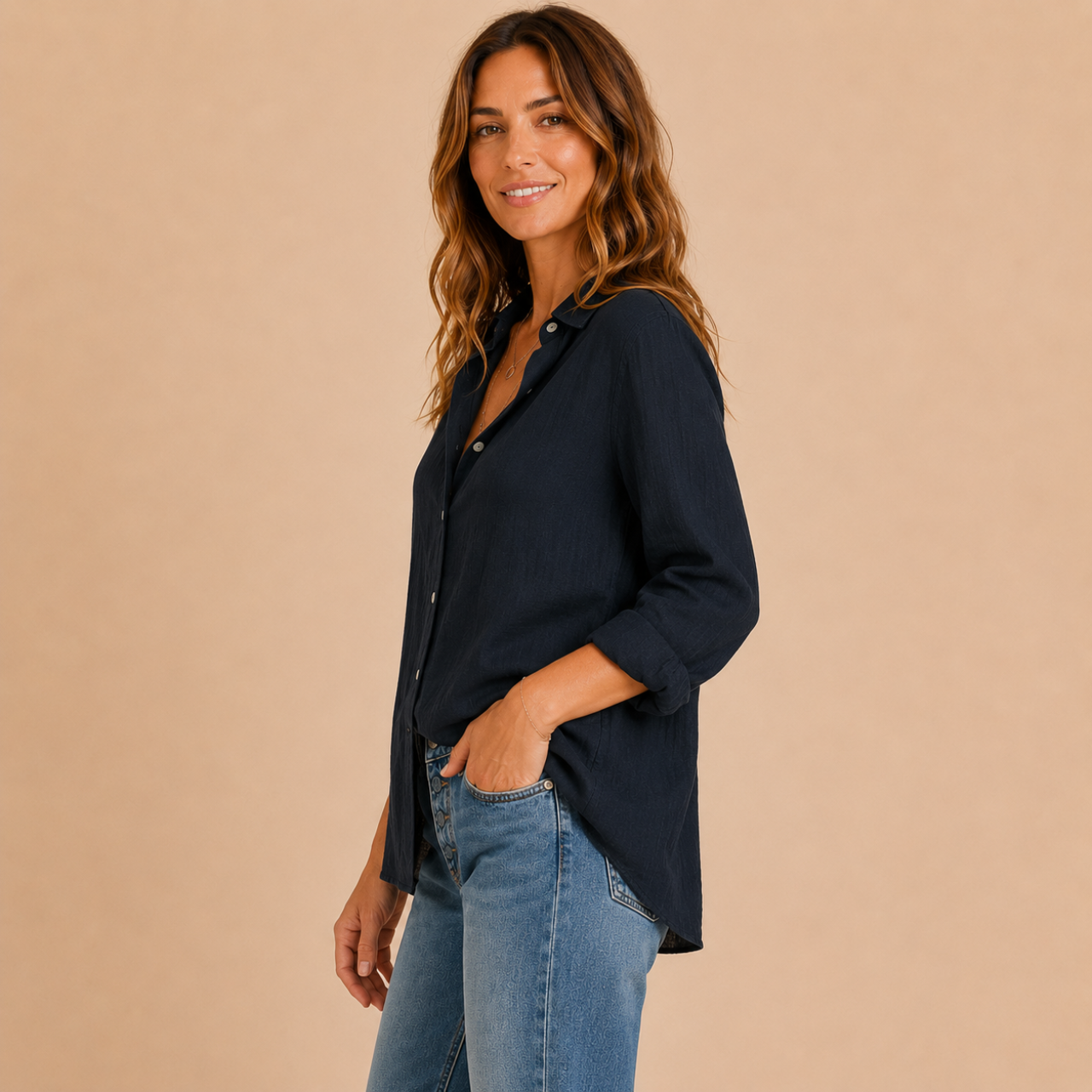 Side view of the Elise Lightweight Button-Front Blouse Boho in black. Designed by Bella Hudson.