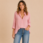 Front view of the Elise Lightweight Button-Front Blouse Boho in pink. Designed by Bella Hudson.