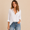 Front view of the Elise Lightweight Button-Front Blouse Boho in white. Designed by Bella Hudson.