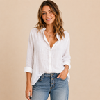 Front view of the Elise Lightweight Button-Front Blouse Boho in white. Designed by Bella Hudson.