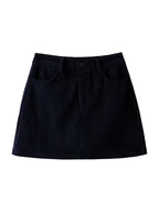 Elise Navy Blue corduroy mini skirt with high-waist A-line silhouette