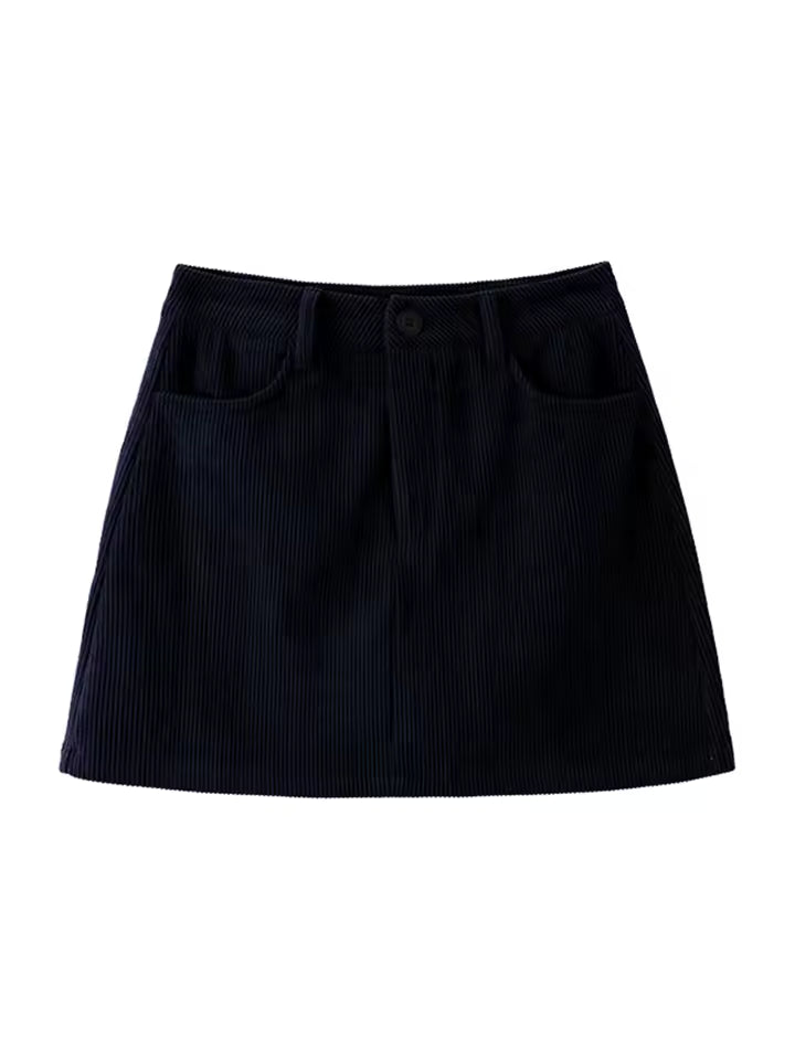 Elise Navy Blue corduroy mini skirt with high-waist A-line silhouette