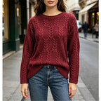 Elise Red cable-knit sweater with crew neckline, vertical braided patterns, and long sleeves