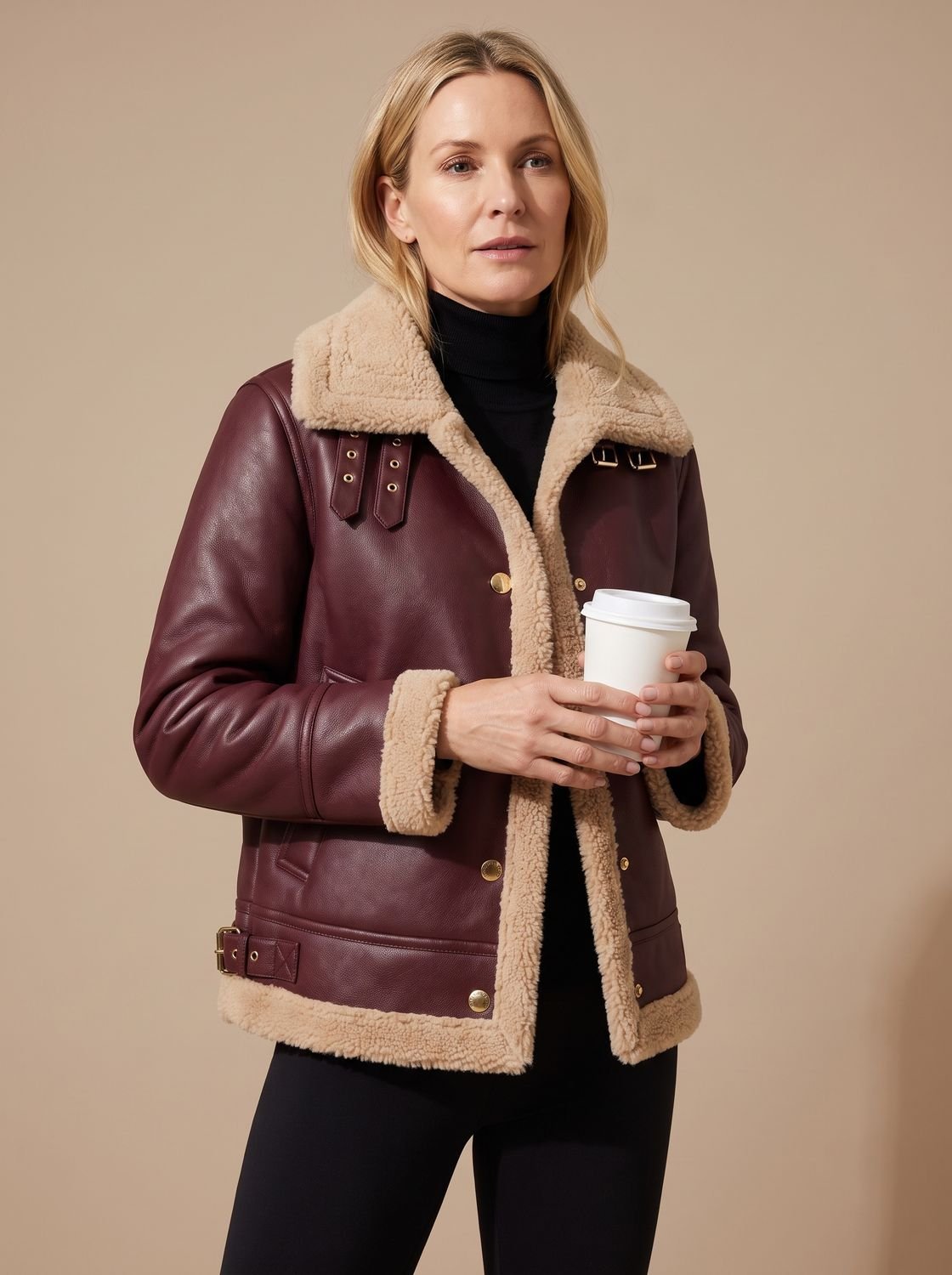 Elise Red faux leather sherpa-trim jacket with a wide contrast collar, button-front closure, long sleeves, and practical front pockets