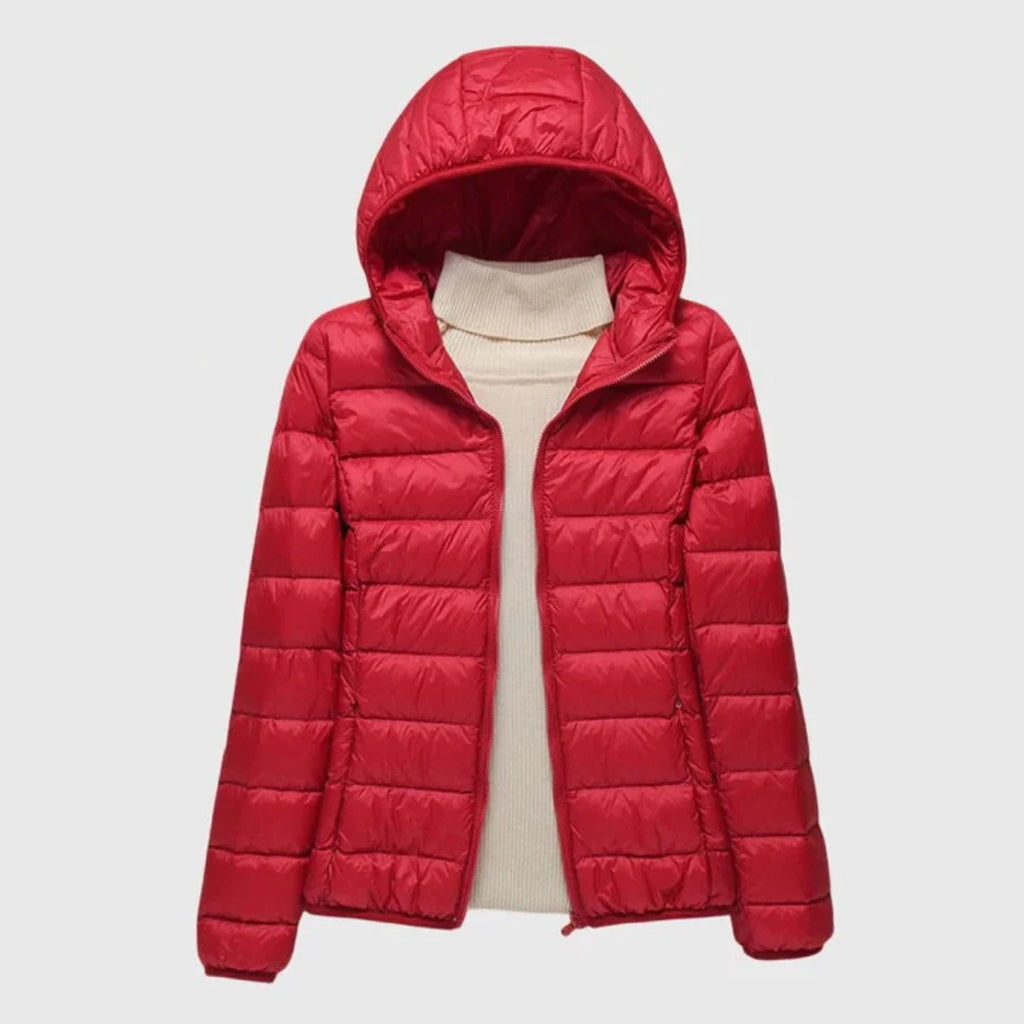 Elise Red lightweight hooded puffer jacket featuring horizontal quilted padding, full front zipper, long sleeves, and elasticated cuffs