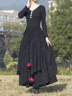 Elodie Black corduroy maxi skirt with layered asymmetric hem and drawstring waist
