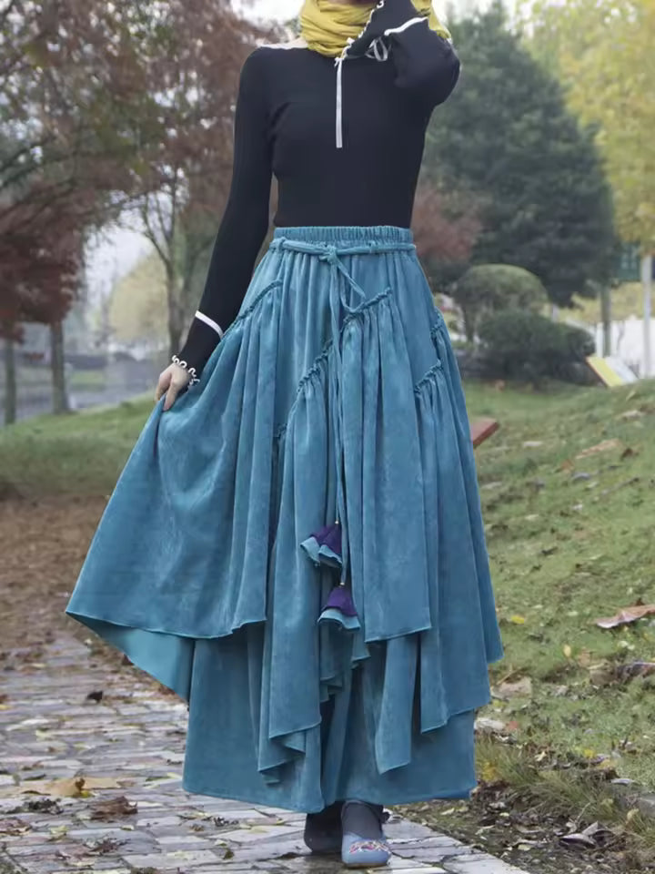 Elodie Blue corduroy maxi skirt with high waist and flowing tiered silhouette