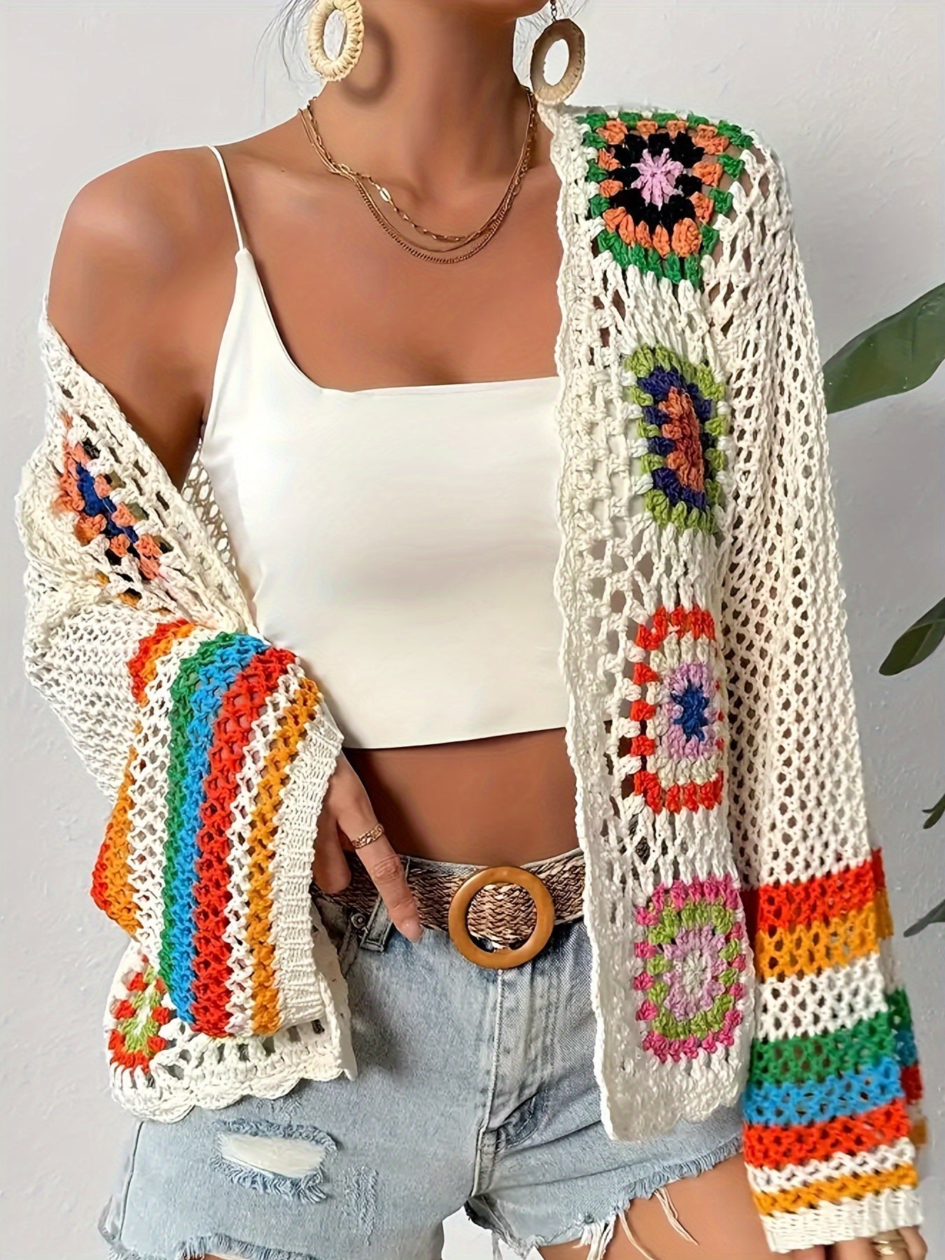 Elodie crochet granny-square open-front cardigan, detail view