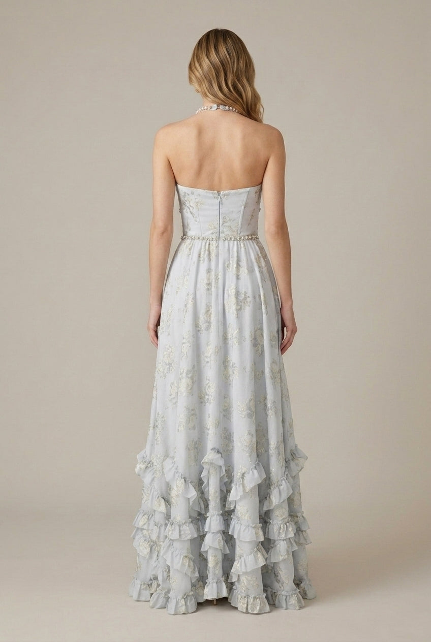 Elspeth evening halter V-neck front-slit maxi dress, back view