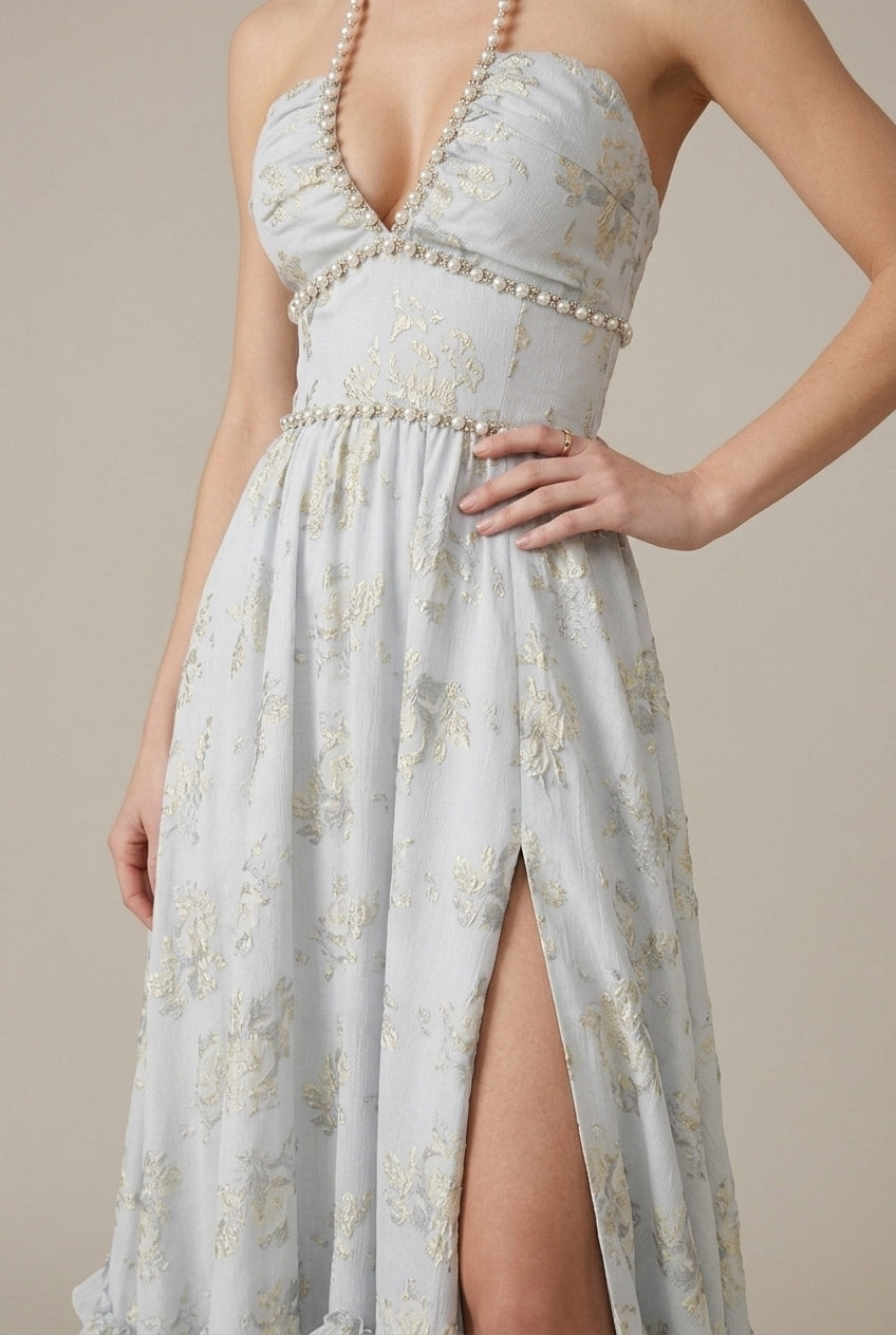 Elspeth evening halter V-neck front-slit maxi dress, detail view