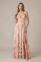 Elspeth evening halter V-neck front-slit maxi dress, Pink
