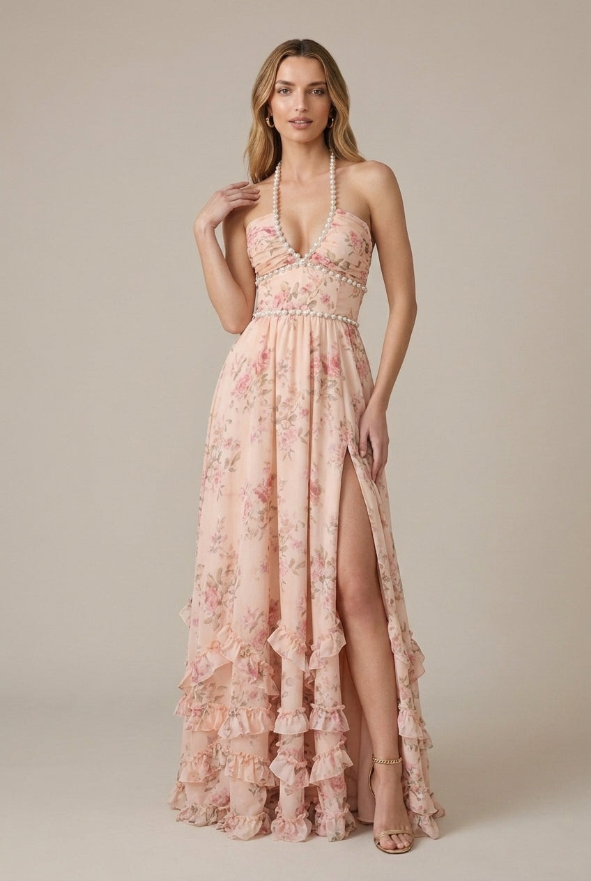 Elspeth evening halter V-neck front-slit maxi dress, Pink