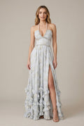 Elspeth evening halter V-neck front-slit maxi dress, White