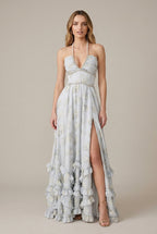 Elspeth evening halter V-neck front-slit maxi dress, White