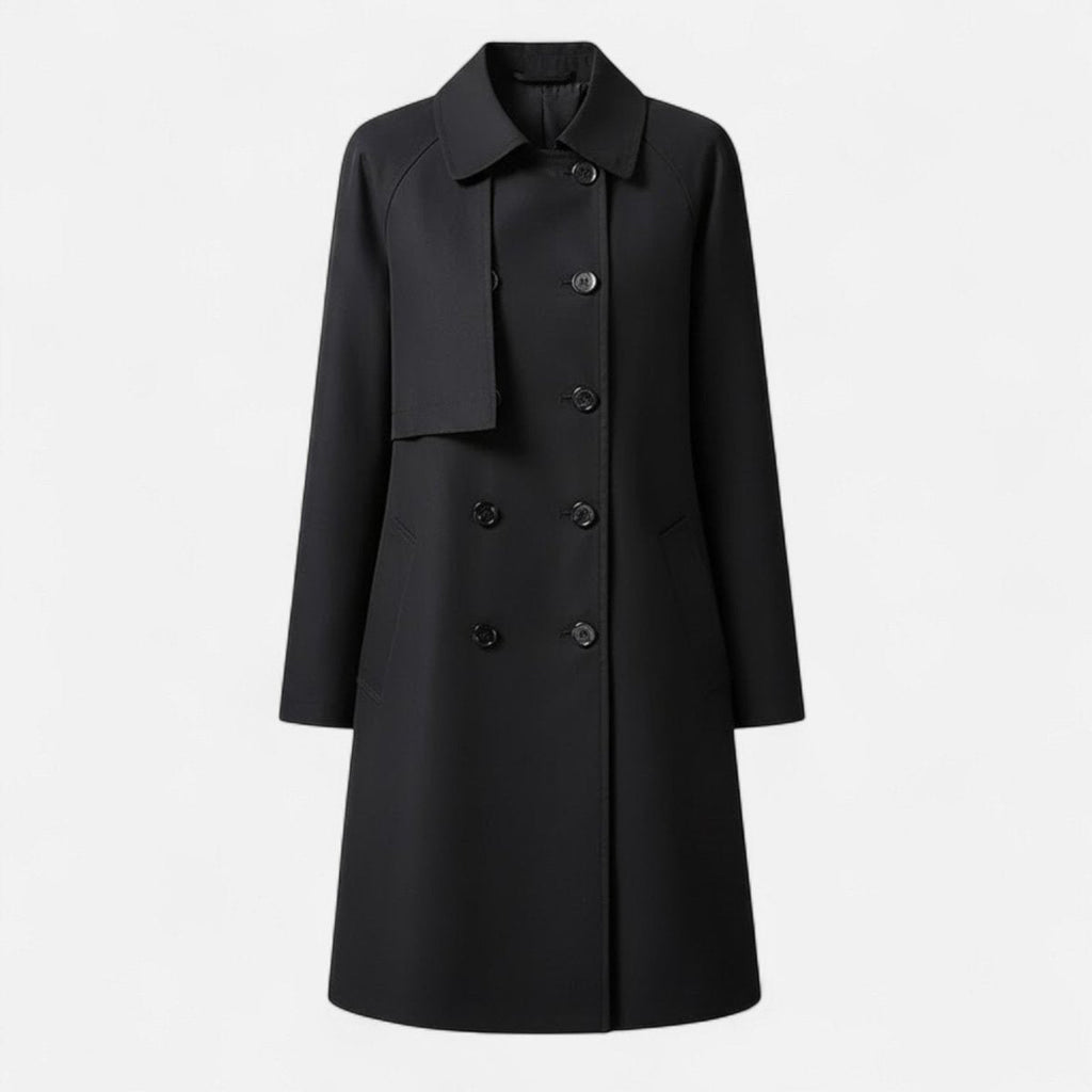 Front product view of the Emilia Trench Coat Midi Double-Breasted in black, featuring a pointed collar, double-breasted button closure, long sleeves, side pockets, and a straight midi-length silhouette. Designed by Bella Hudson.
