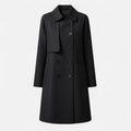 Front product view of the Emilia Trench Coat Midi Double-Breasted in black, featuring a pointed collar, double-breasted button closure, long sleeves, side pockets, and a straight midi-length silhouette. Designed by Bella Hudson.