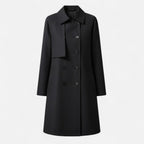 Front product view of the Emilia Trench Coat Midi Double-Breasted in black, featuring a pointed collar, double-breasted button closure, long sleeves, side pockets, and a straight midi-length silhouette. Designed by Bella Hudson.