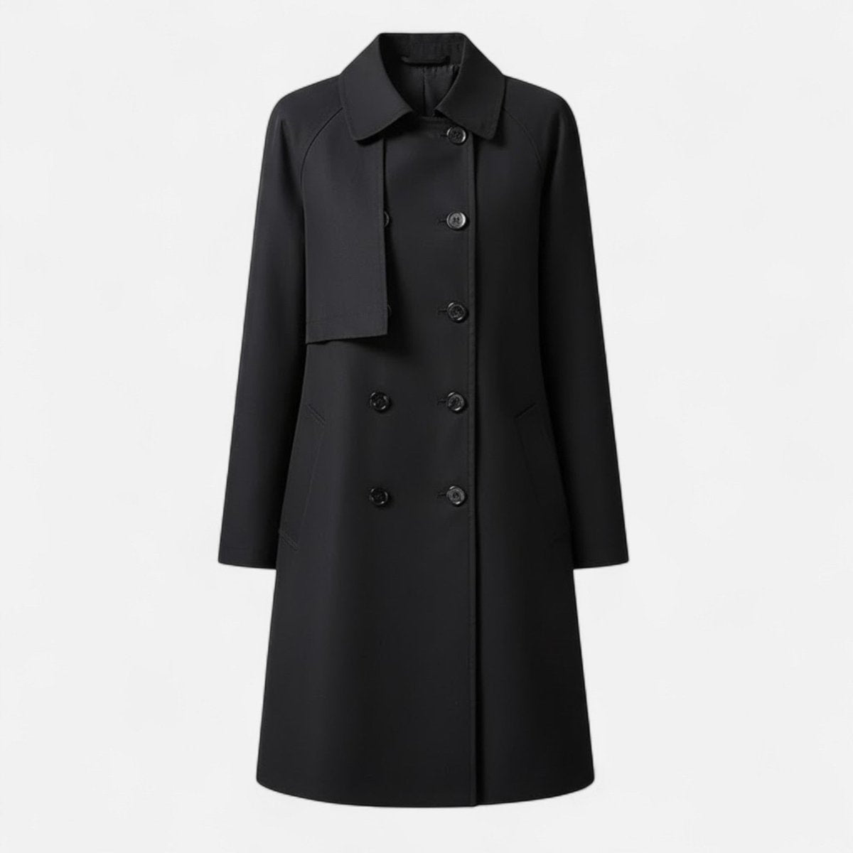 Front product view of the Emilia Trench Coat Midi Double-Breasted in black, featuring a pointed collar, double-breasted button closure, long sleeves, side pockets, and a straight midi-length silhouette. Designed by Bella Hudson.