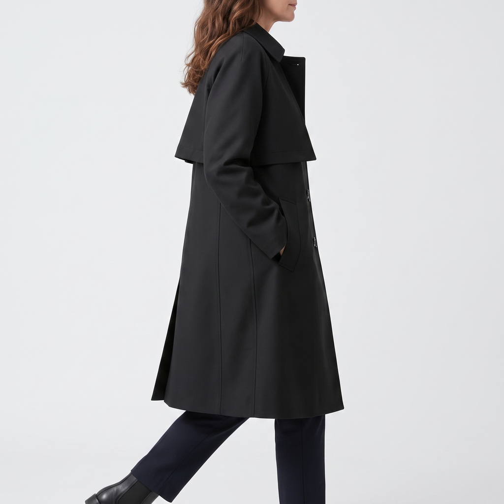 Side view of the Emilia Trench Coat Midi Double-Breasted in black, showcasing the pointed collar, long sleeves, straight cut, side pocket, and midi-length hem. Designed by Bella Hudson.