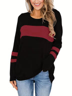 Emma Black geometric colorblock tunic top with crew neckline, contrast chest stripe, and long sleeves