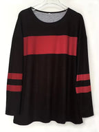 Emma Black long-sleeve tunic top with horizontal chest stripe, sleeve accents, and asymmetrical hem