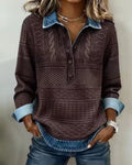 Emma Brown denim-inspired patchwork shirt with textured geometric patterns, collared neckline, half-button placket, and long sleeves