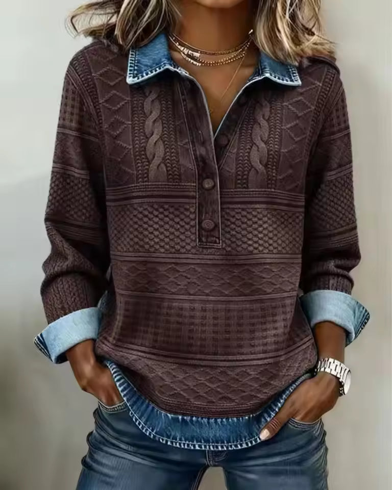 Emma Brown denim-inspired patchwork shirt with textured geometric patterns, collared neckline, half-button placket, and long sleeves