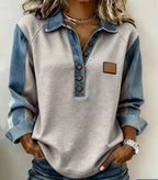 Emma Gray denim-inspired shirt with contrasting collar, textured patchwork detailing, long sleeves, and chest pocket