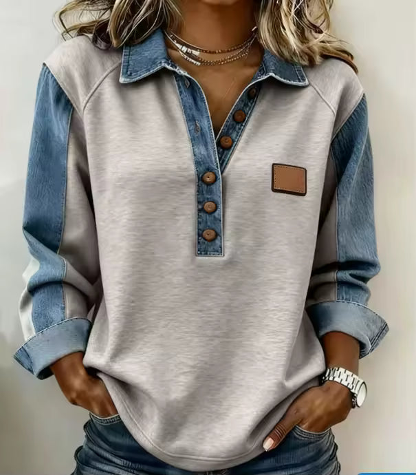 Emma Gray denim-inspired shirt with contrasting collar, textured patchwork detailing, long sleeves, and chest pocket