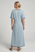Back view of blue Emma Light Blue Maxi Dress with Elegant Twist-waist by BELLA HUDSON