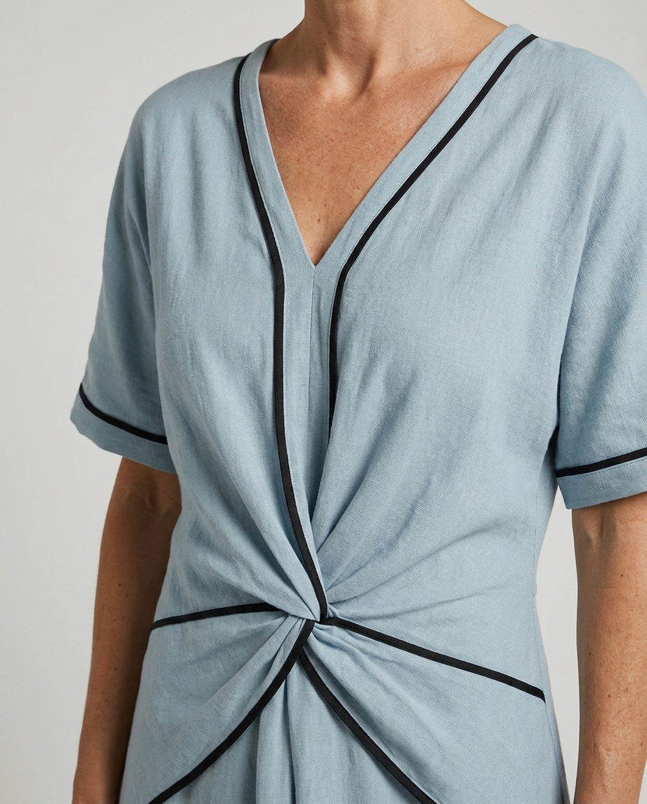 Detailed view of blue Emma Light Blue Maxi Dress with Elegant Twist-waist by BELLA HUDSON