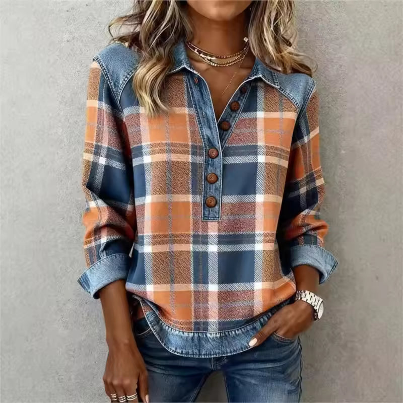 Emma Red patchwork shirt with contrasting denim-style collar, partial button placket, long sleeves, and relaxed fit